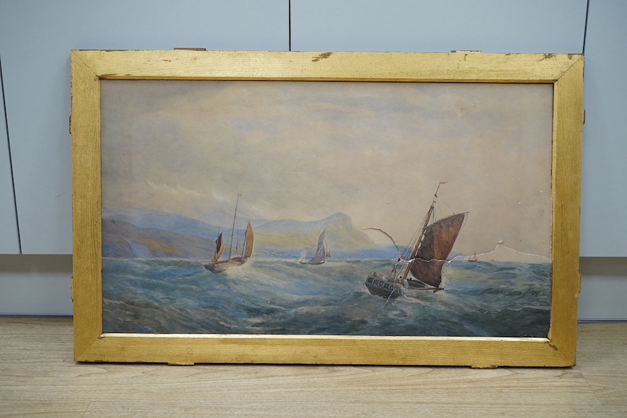 Late 19th/early 20th century, watercolour, Shipping scene, 43 x 77cm. Condition - poor